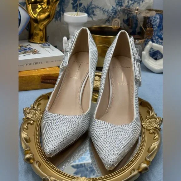 🆕 BLACK SUEDE STUDIO 🧿 NWOB White Satin Ribbon Rhinestone Heels, Sz 37 US 6.5 - Picture 9 of 16